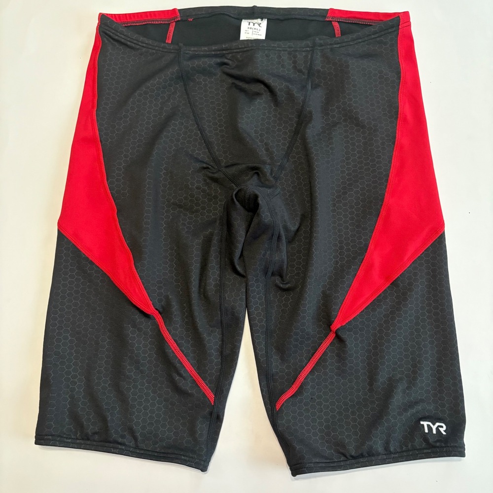 TYR XL 38 Mens Swim Jammers Black Red Print Competition Swimsuit 12"‎ NWOT